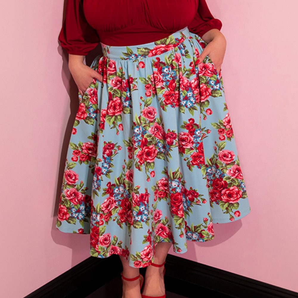 Vintage Blue & Red Roses Swing Skirt from Vixen by Micheline Pitt - AS IS